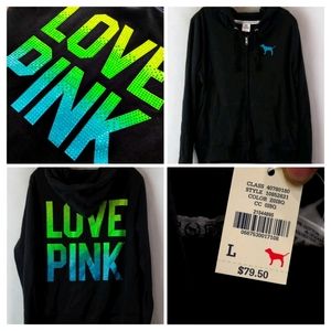 Rare Y2K VINTAGE VS VICTORIA SECRET PINK BLING RHINESTONE ZIP UP HOODIE L JACKET
